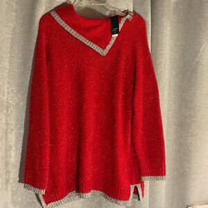 Crown & Ivy Red Hot Silver Sparkle Sweater with Silver Trim NWOT